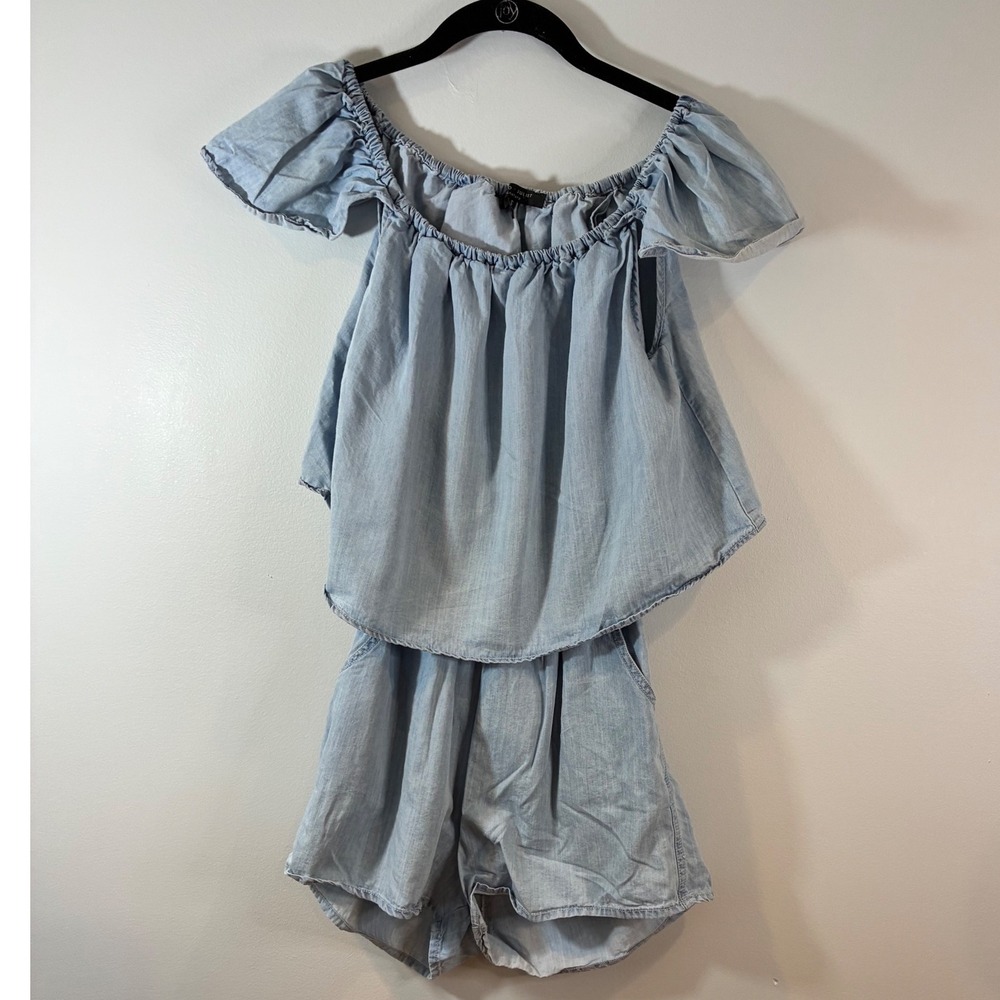 Romeo +‎ Juliet Chambray Off Shoulder Open Back Romper- Blue - S